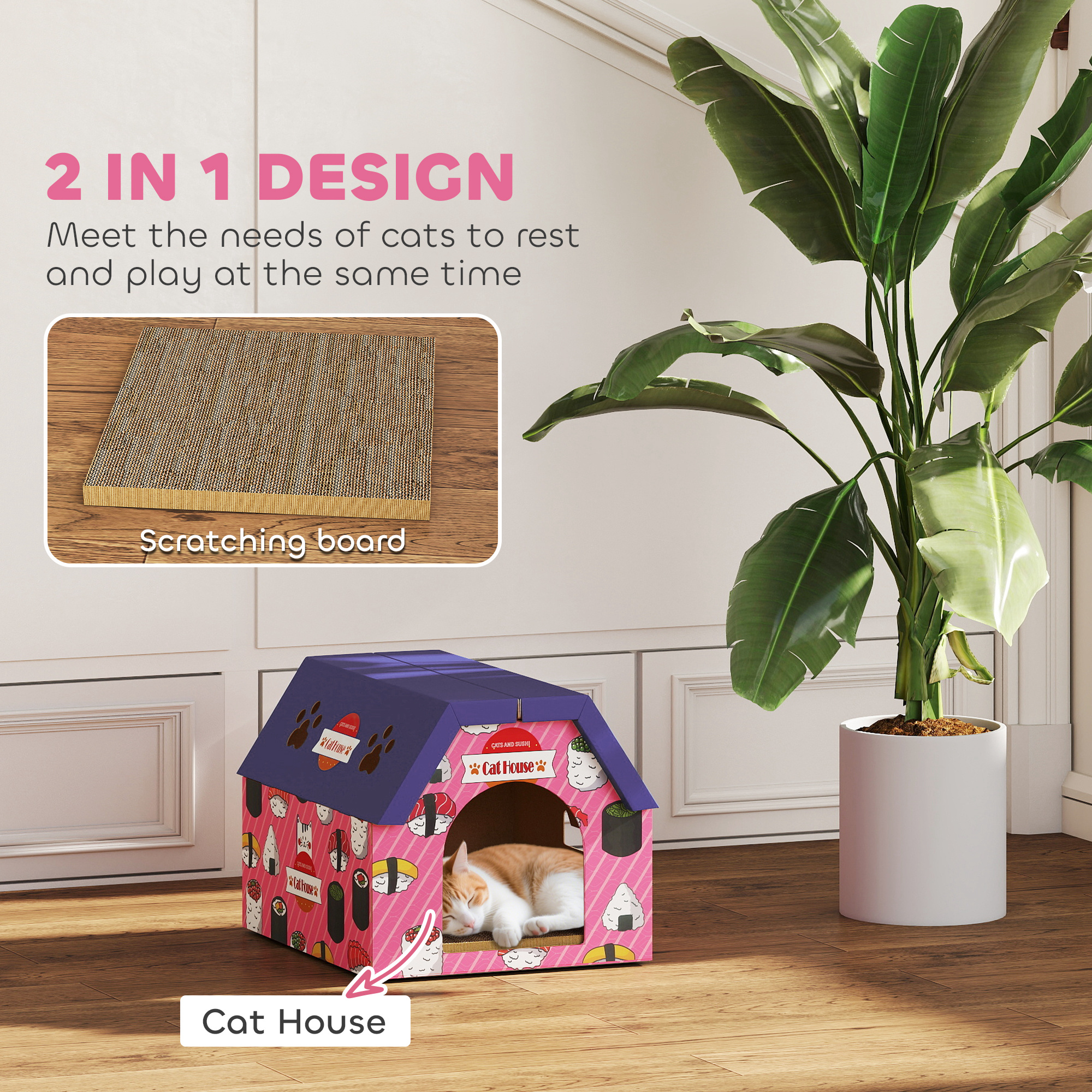 Cat Scratching Board, 2-in-1 Cardboard Cat House And Hideaway For Indoor Cats, Pink photo 5