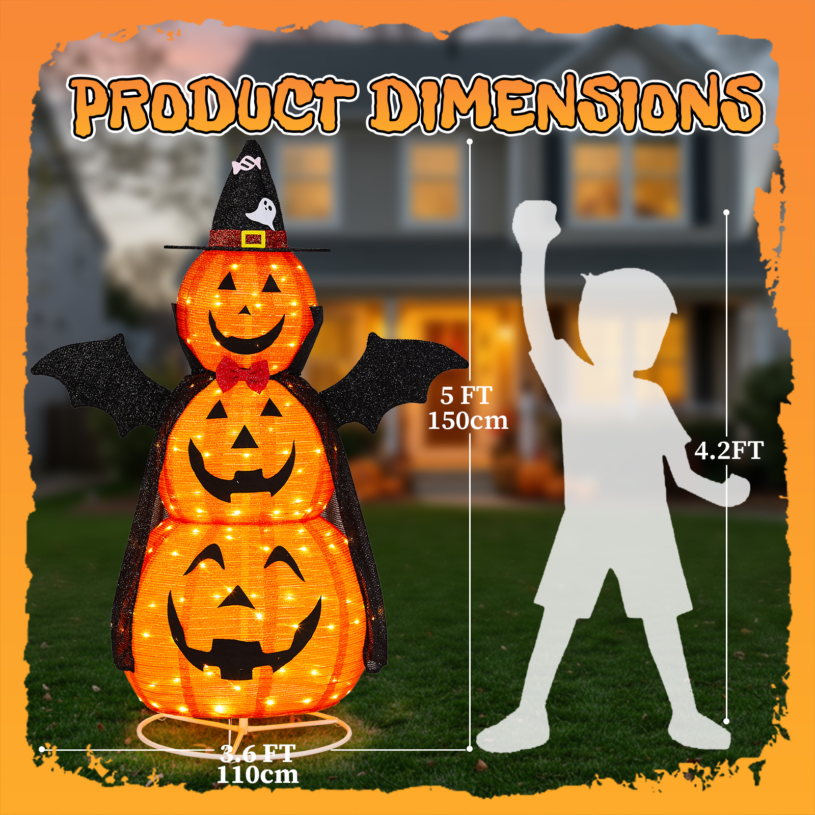 5ft Orange 3-Tier Retractable Fabric Pumpkin Halloween Light Decor With Cape & Wings,130 Warm White LED String Lights,4.5V 3.6W photo 6