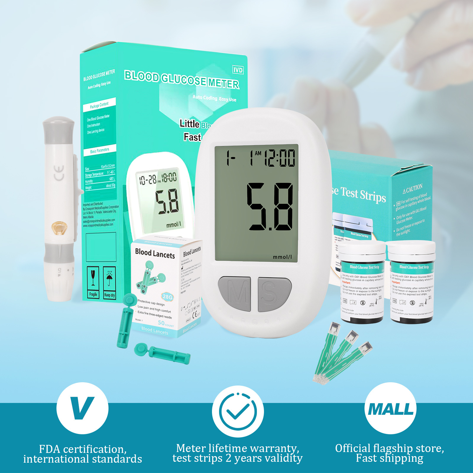 Portable Blood Glucose Meter Kit - Auto Coding, Fast 10s Results, Includes 50 Test Strips & 50 Lancets photo 1