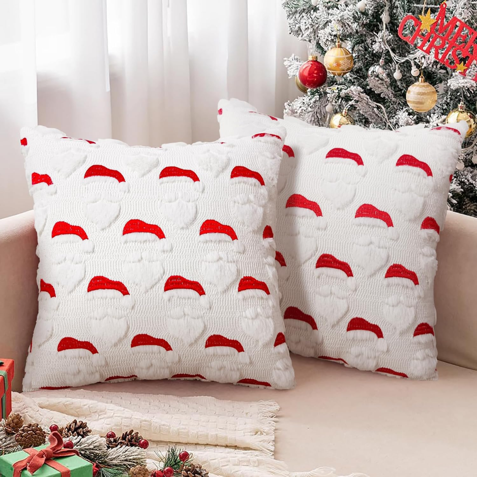 2Pcs Santa Christmas Pillow Covers 18x18, 3D Jacquard Faux Fur Decor photo 1