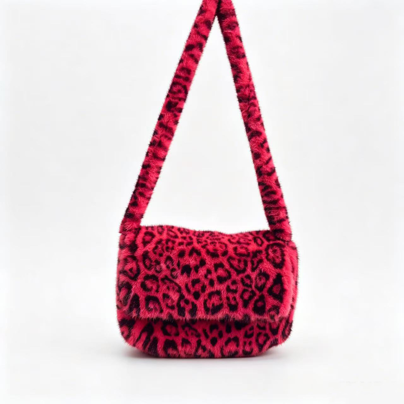 2026 New Leopard Print Plush Crossbody Bag Women's Korean Version Fashionable Faux Fur Large Capacity Shoulder Bag Flap Trend - Rose Red Leopard Print photo 2