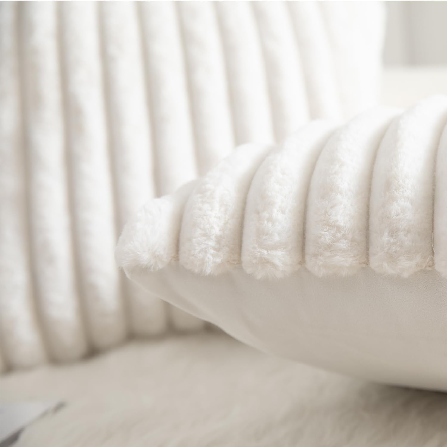 Cream Faux Fur Throw Pillow Covers 2 Units, Striped Plush Cushion Cases 12x20 Inch For Bedroom Living Room Sofa Decor photo 2