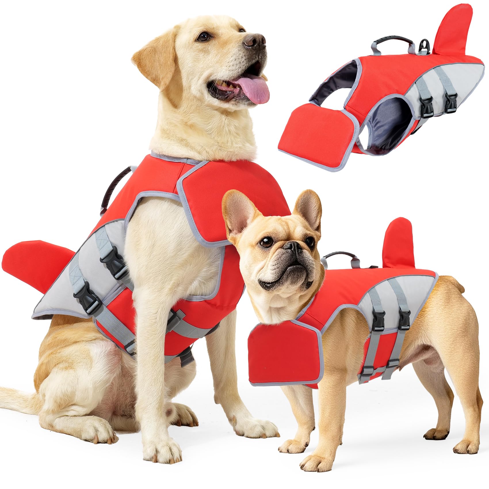 Dog Life Jacket For Small Medium Large Dogs, Shark Pet Life Vest With Rescue Handle & Adjustable Straps, Reflective Dog Flotation Vest For Swimming, Boating, Beach photo 5