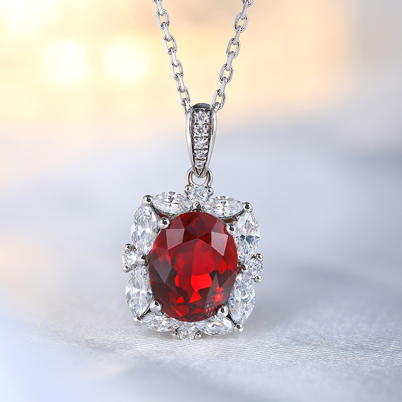 S925 Silver 3.9g Lab-Created Ruby Necklace, 10x8mm Oval Halo Pendant, 40&5cm, GRA Certified photo 6
