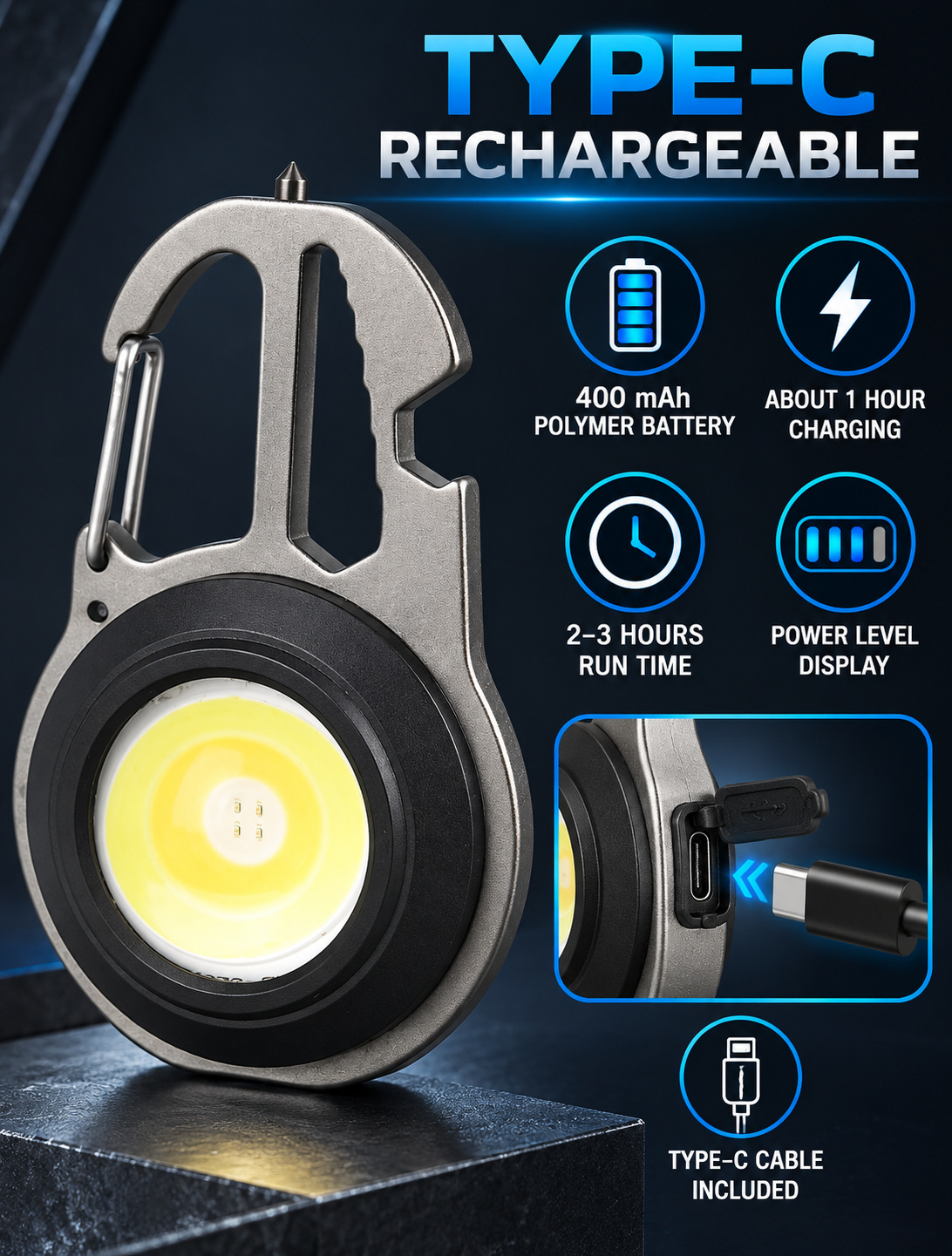 Rechargeable Battery Display Type C COB LED Work Light Hanging Hook W5137 670LM Flashlight Window photo 8