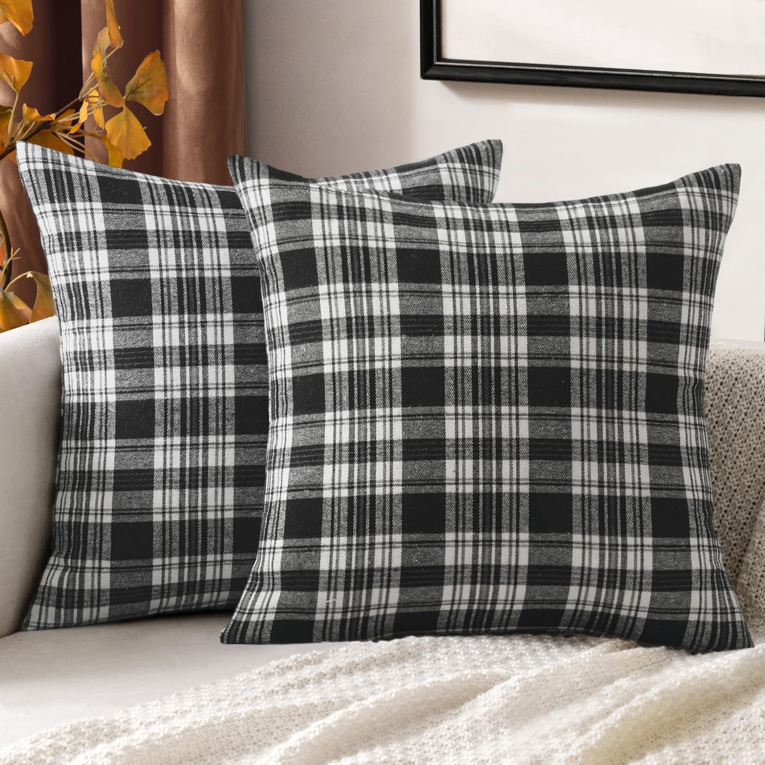 Fall Black White Scottish Plaid Pillow Covers 2 Units, 18x18 Inch Decorative Cushion Cases For Sofa, Couch, Bed And Home photo 1