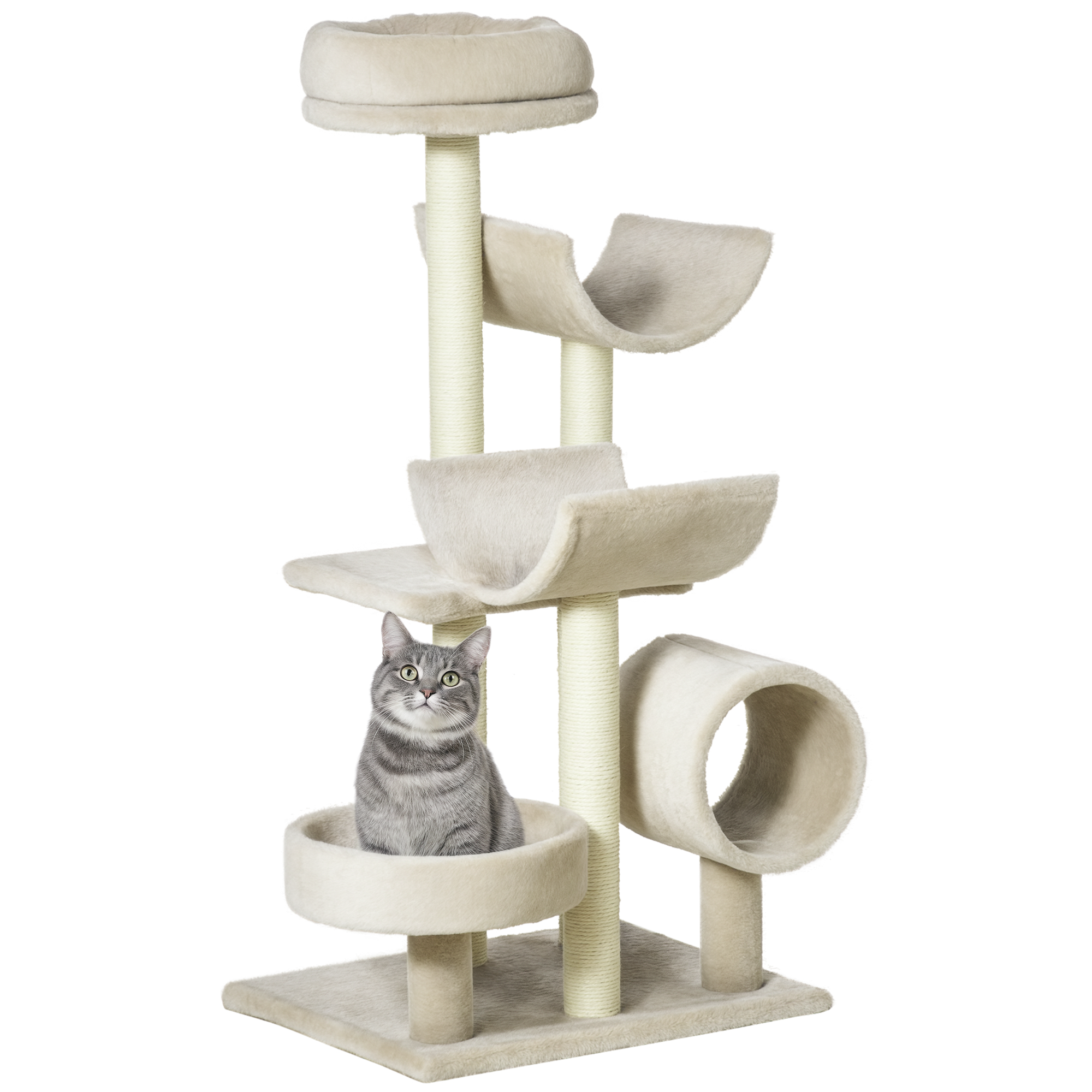 PawHut Cat Tree For Indoor Cats Kitten Pet Scratching Post Perch Activity Center Scratcher Climb Post Play House Arch With Tunnel 105cm Tall Beige photo 6