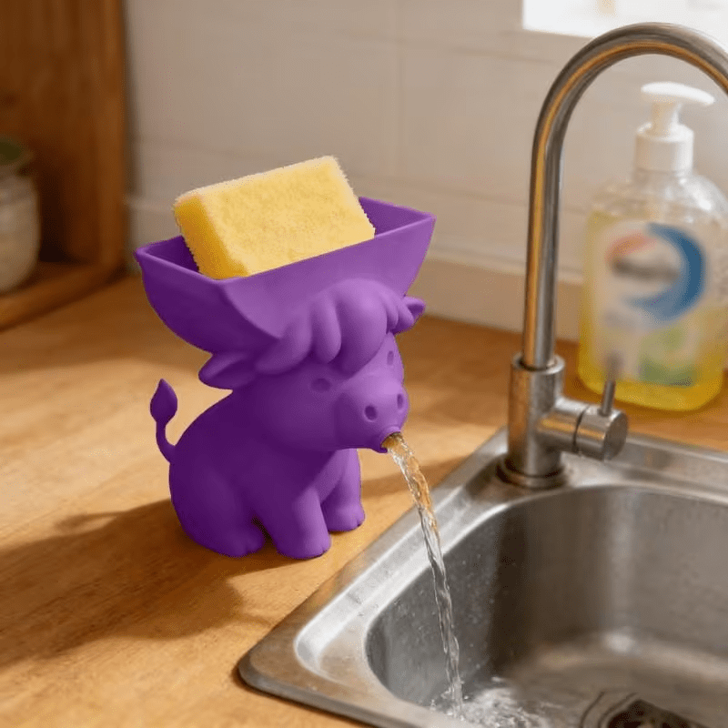 Cute Cow Sponge Holder, Kitchen Sink Organizer With Drain Spout, Animal Shaped Sponge Storage Rack For Countertop photo 5