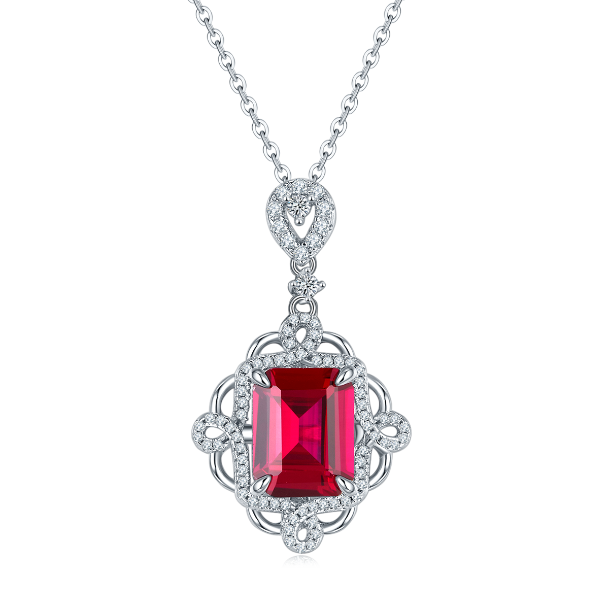 S925 Silver 4.3g 4.23ct Lab-Created Ruby Necklace, 10x8mm Vintage Pendant, 40&5cm photo 1
