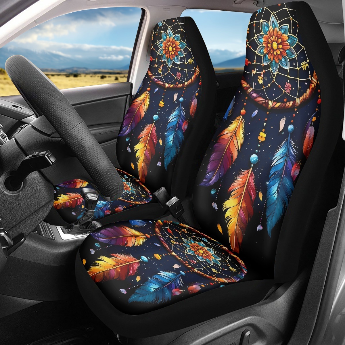 2 Front Car Seat Covers, Digitally Printed With Feather Patterns, Thin, Suitable For All Seasons, Fashionable Car Seat Covers photo 1