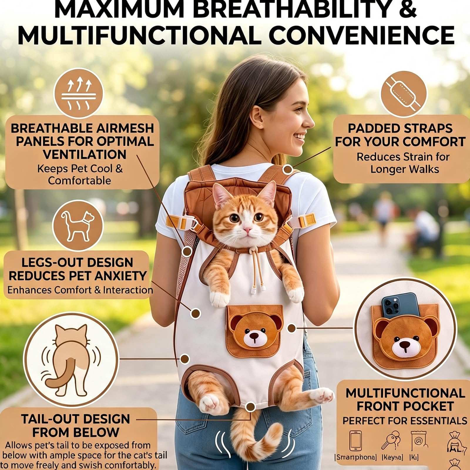 Cute Bear Pet Front Carrier Backpack, Hands Free Chest Carry Bag For Small Dogs Cats, Breathable Legs Out Design Adjustable Secure Buckles For Daily Walking Travel photo 4