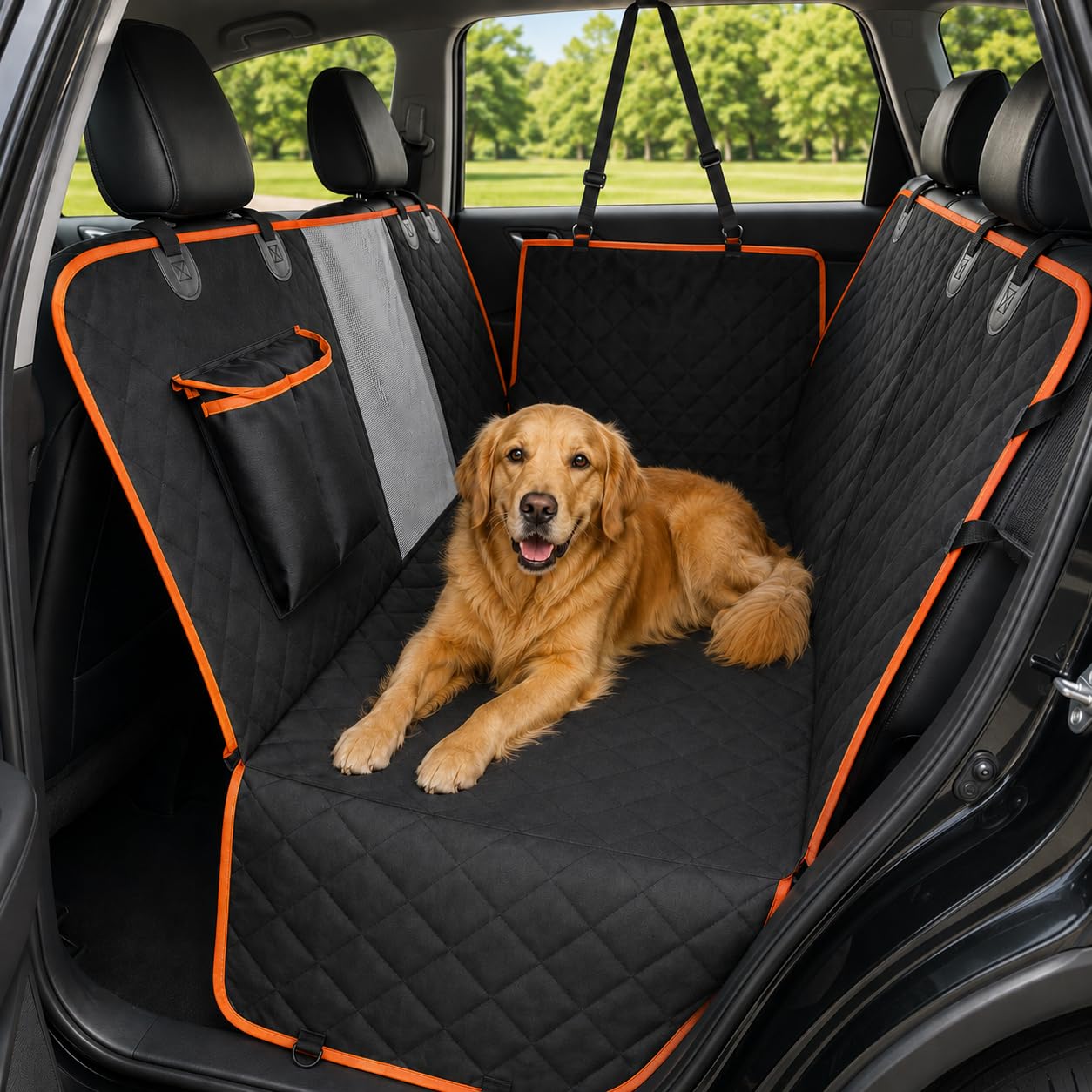 Dog Car Seat Cover For Back Seat,  Waterproof Hammock For Cars And SUVs Scratch-Resistant, Non-Slip Design With Mesh Window, Side Flaps And Storage Pocket, Black photo 1