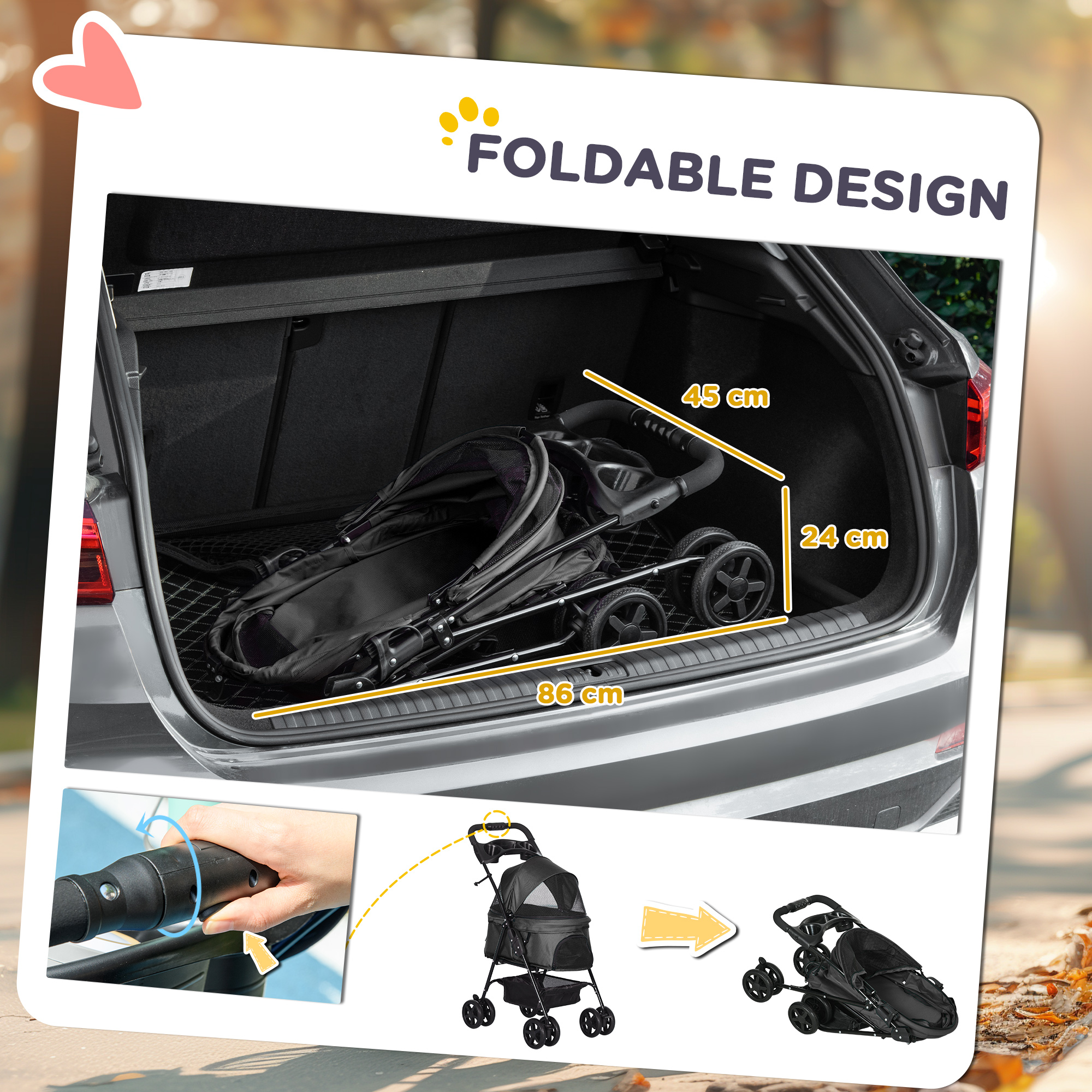 PawHut Dog Pram Dog Stroller Foldable Pet Pushchair With 4 Wheels, Safety Leashes, Cup Holder For Small Dogs, Black photo 3