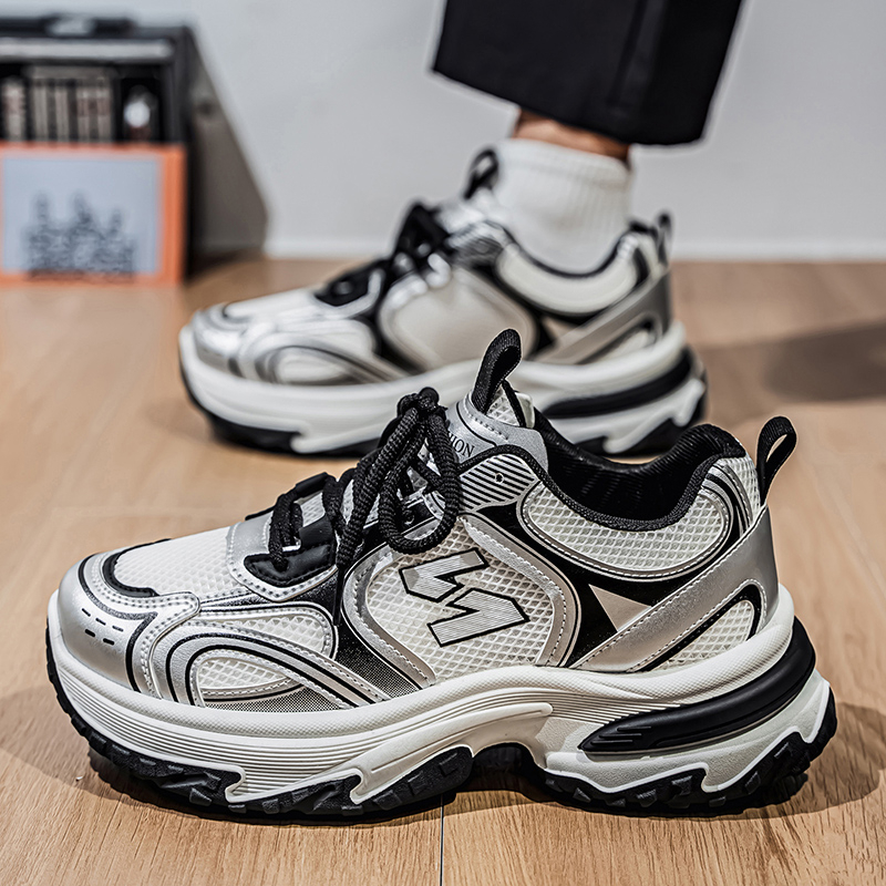 New Spring Autumn Men's Chunky Dad Shoes, Breathable Mesh Trendy Versatile Thick Sole Height Increasing Casual Sports Sneakers photo 4