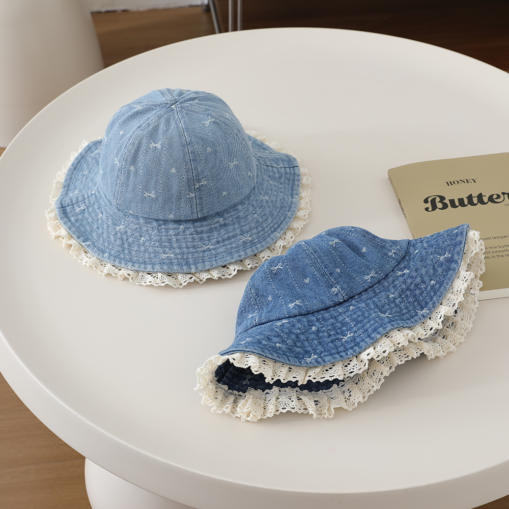 Children's Sweet And Cute Lace Edge Wide-brimmed Fisherman Hat With Washable Jacquard Butterfly Knot Heart Bucket Style Hat photo 8