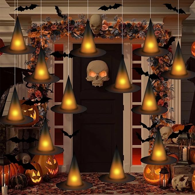 12-Piece Light-Up Halloween Witch Hats With Tea Lights, 3D Bats And Hanging Rope For Indoor Outdoor Decor photo 1