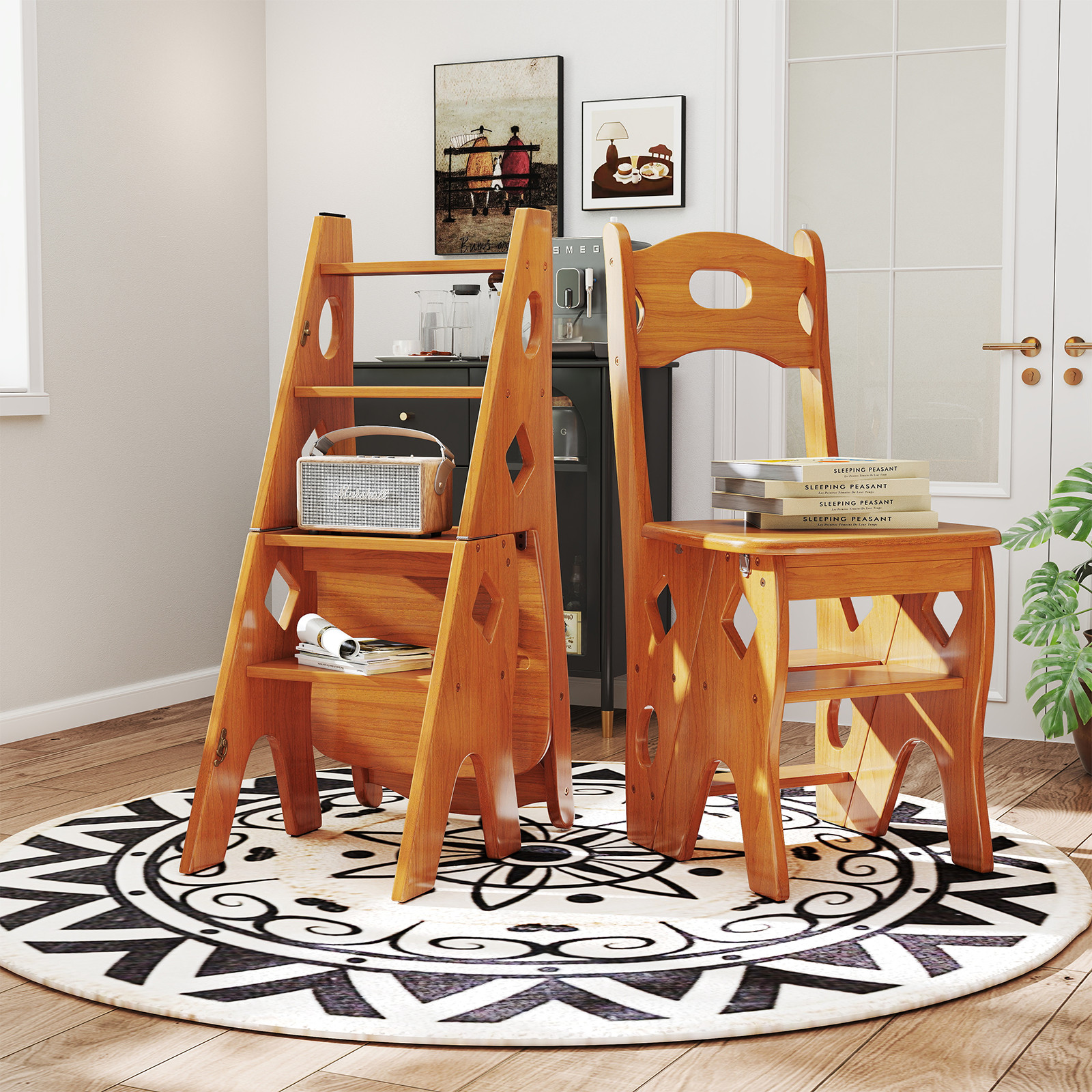 Multipurpose Folding Wooden Library Step Ladder Chair Step High Chair Step Stool photo 1