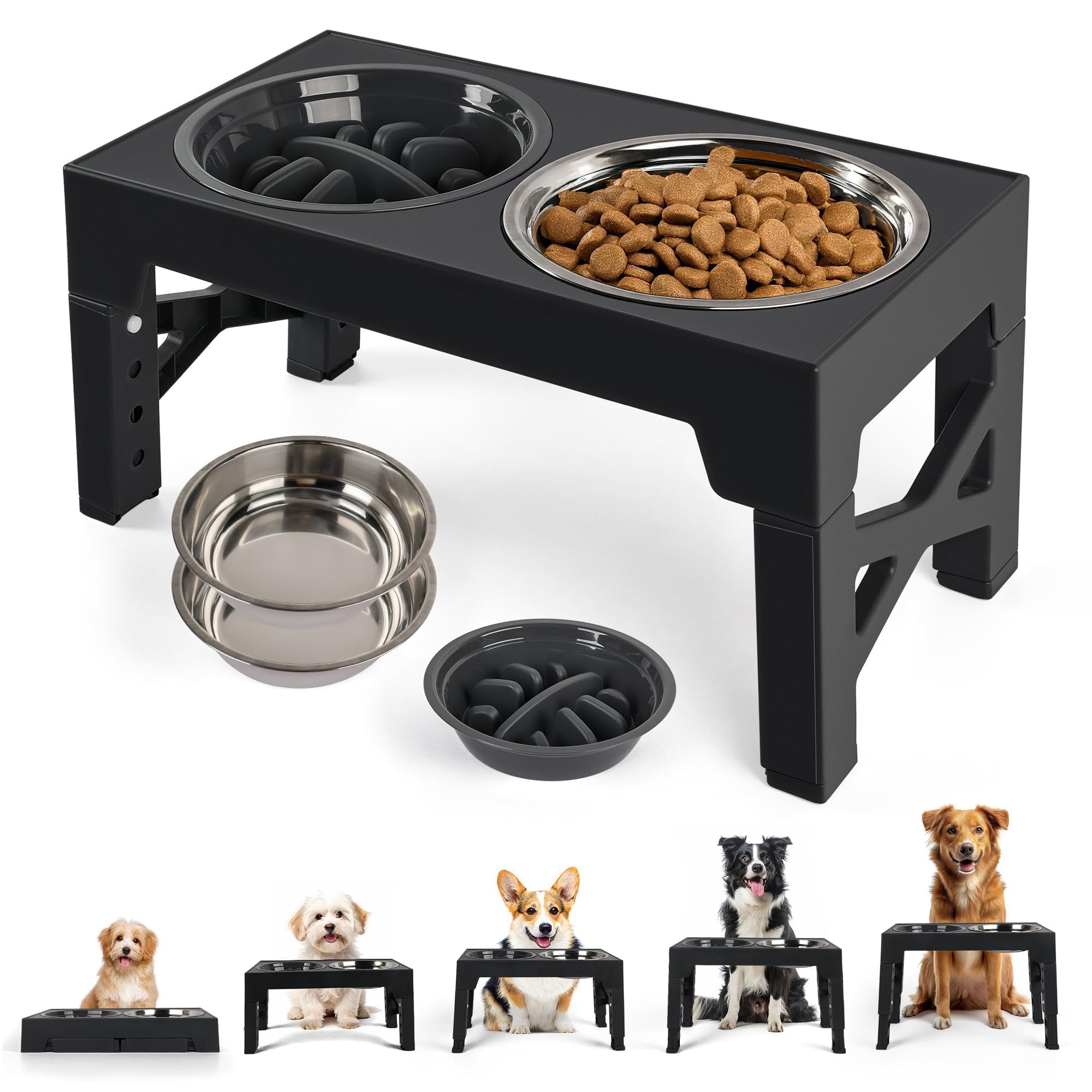 Elevated Dog Bowls, Raised Dog Bowl With Slow Feeder Bowl & Stainless Steel Bowls, 5 Heights Adjustable Dog Feeding Bowl Stand For Small Medium Large Dogs, Food Dishes With Non-Slip Feet photo 1