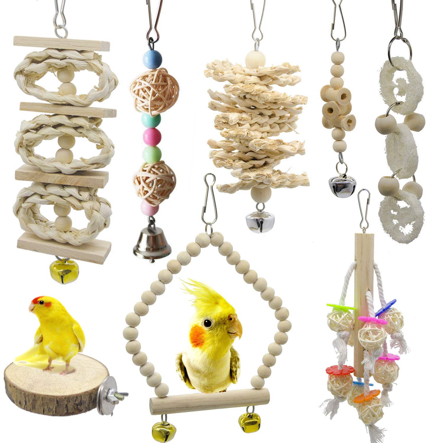 8 Packs Of Bird Parrot Swing Chewing Toys-Natural Wood Bird Climbing Hanging Cage Toys Suitable For Small Parakeets, Cockatiels, Conures, Finches,Budgie,Macaws, Parrots, Love Birds photo 1