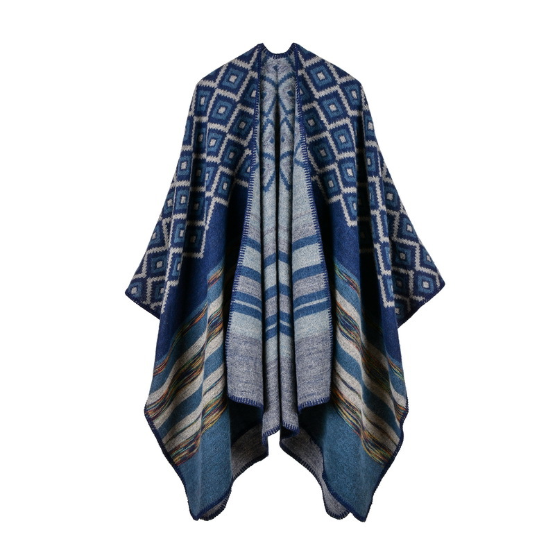 Women's Rhombus Color Striped Shawl, Women's Double-Sided Wearable Outdoor Travel Poncho photo 6