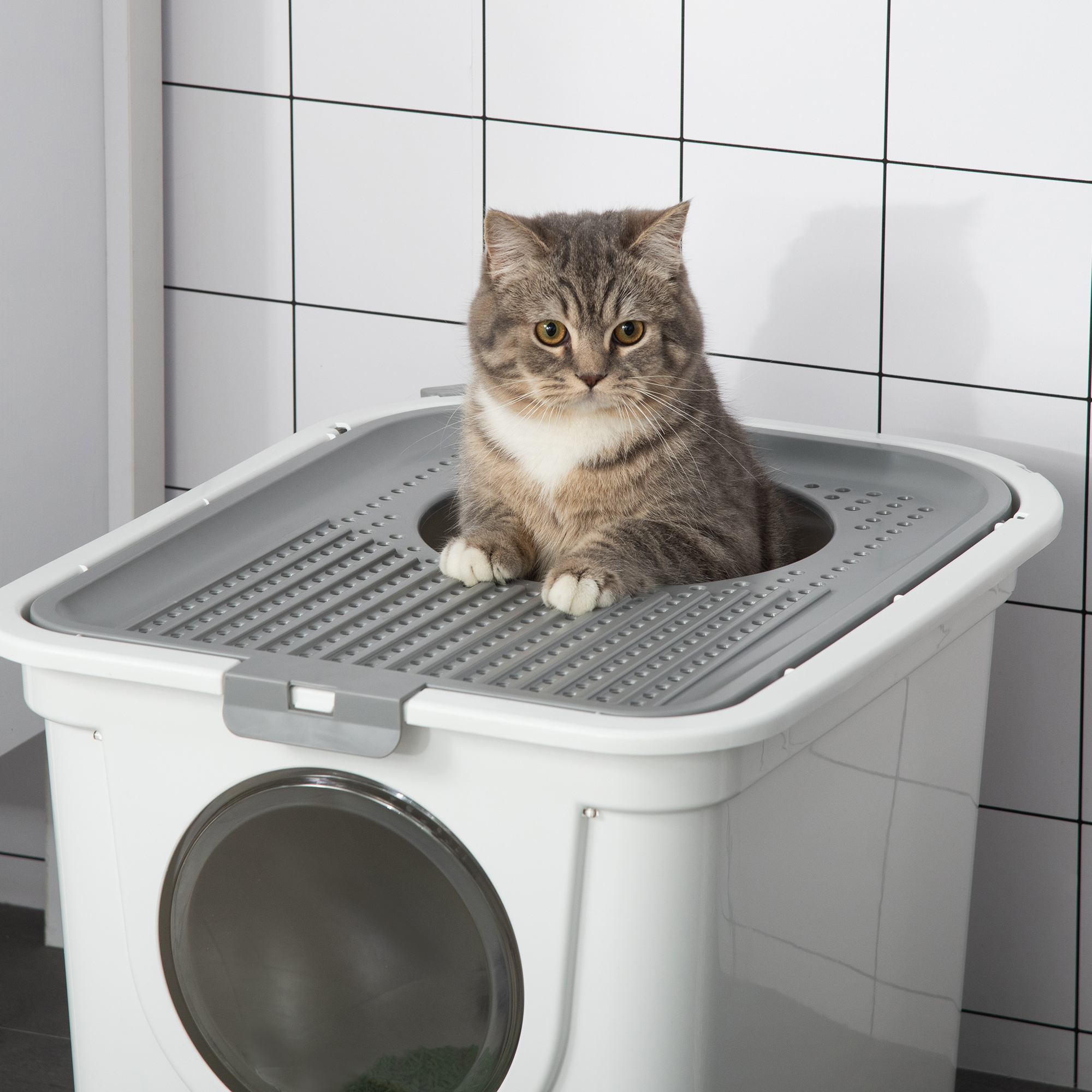 PawHut Cat Litter Box, Pet Toilet, Enclosed Kitten Pan With Front Entrance Top Exit, High Side, Scoop, White photo 1
