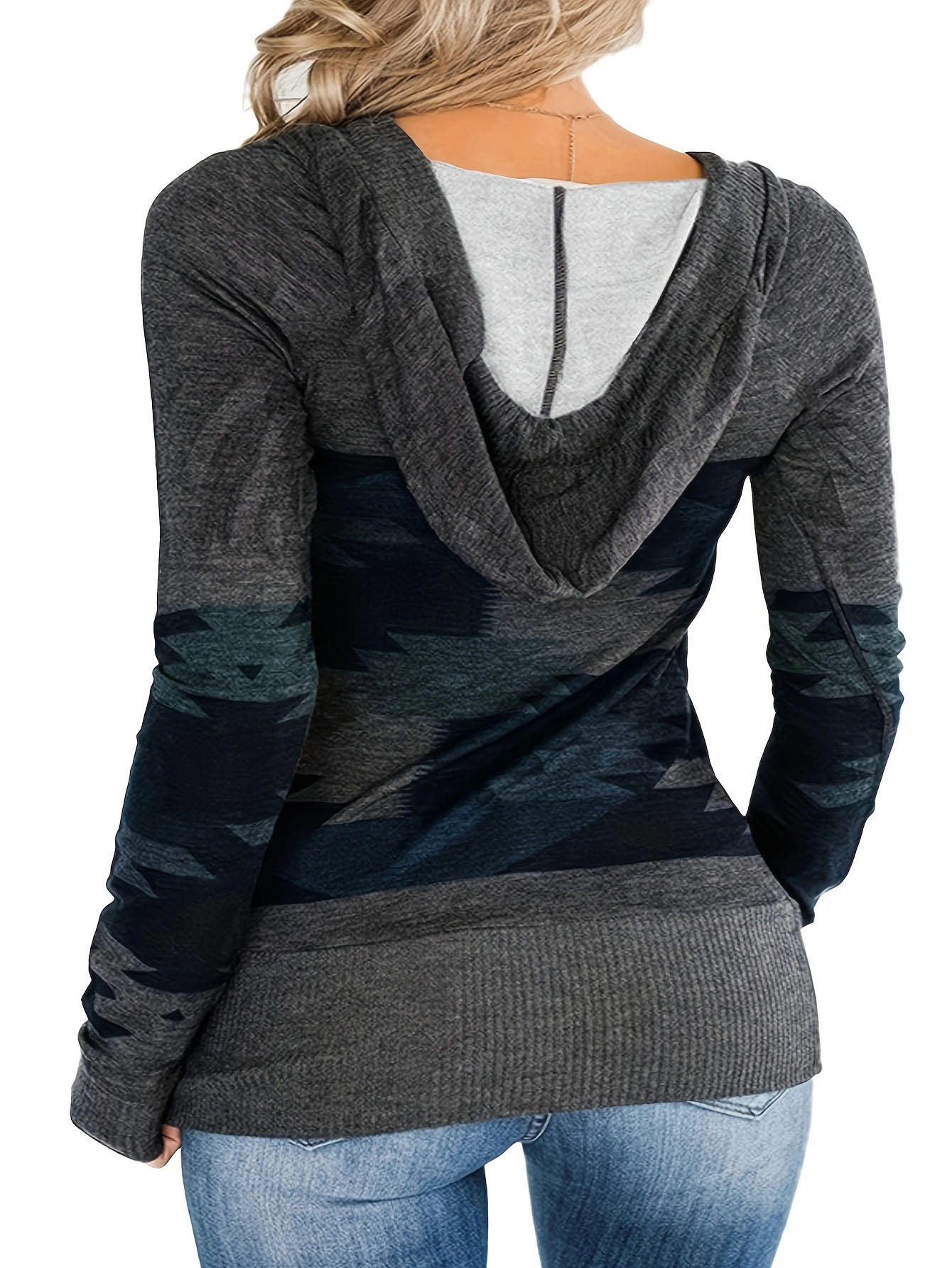 Women's Aztec Print Hoodie Top - Long Sleeve V Neck Knit Pullover With Pocket, Casual Geometric Print Hooded Blouse photo 6