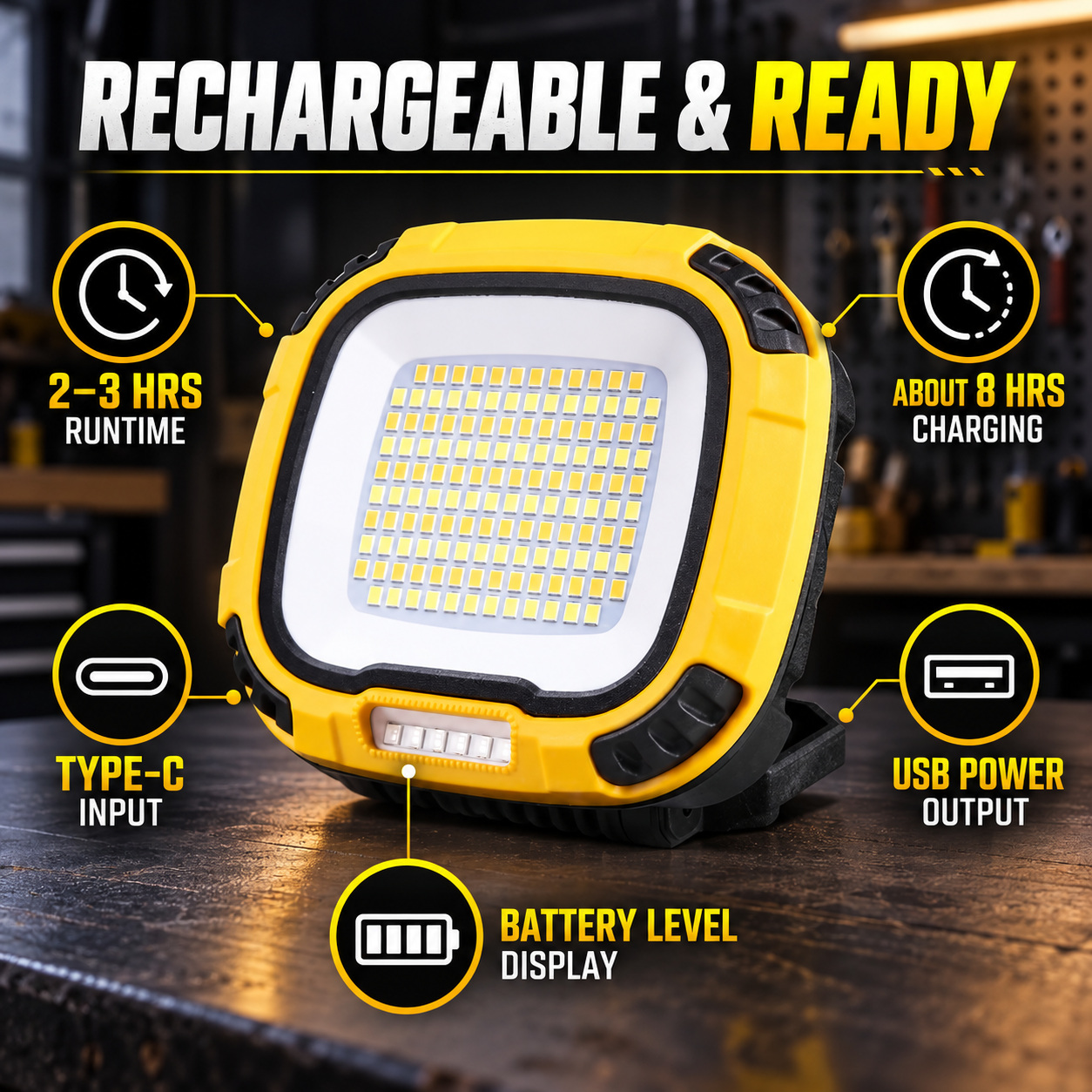 Rechargeable Magnetic Battery Display Type C LED Work Light Base Hanging W892 3 SMD 2835 photo 8