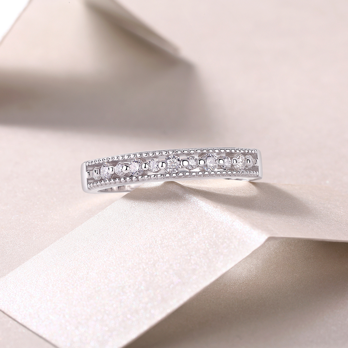 S925 Silver 2.5g Platinum Plated Moissanite Ring, 2.8mm Milgrain Stackable Band, GRA Certified US 5-9 photo 2