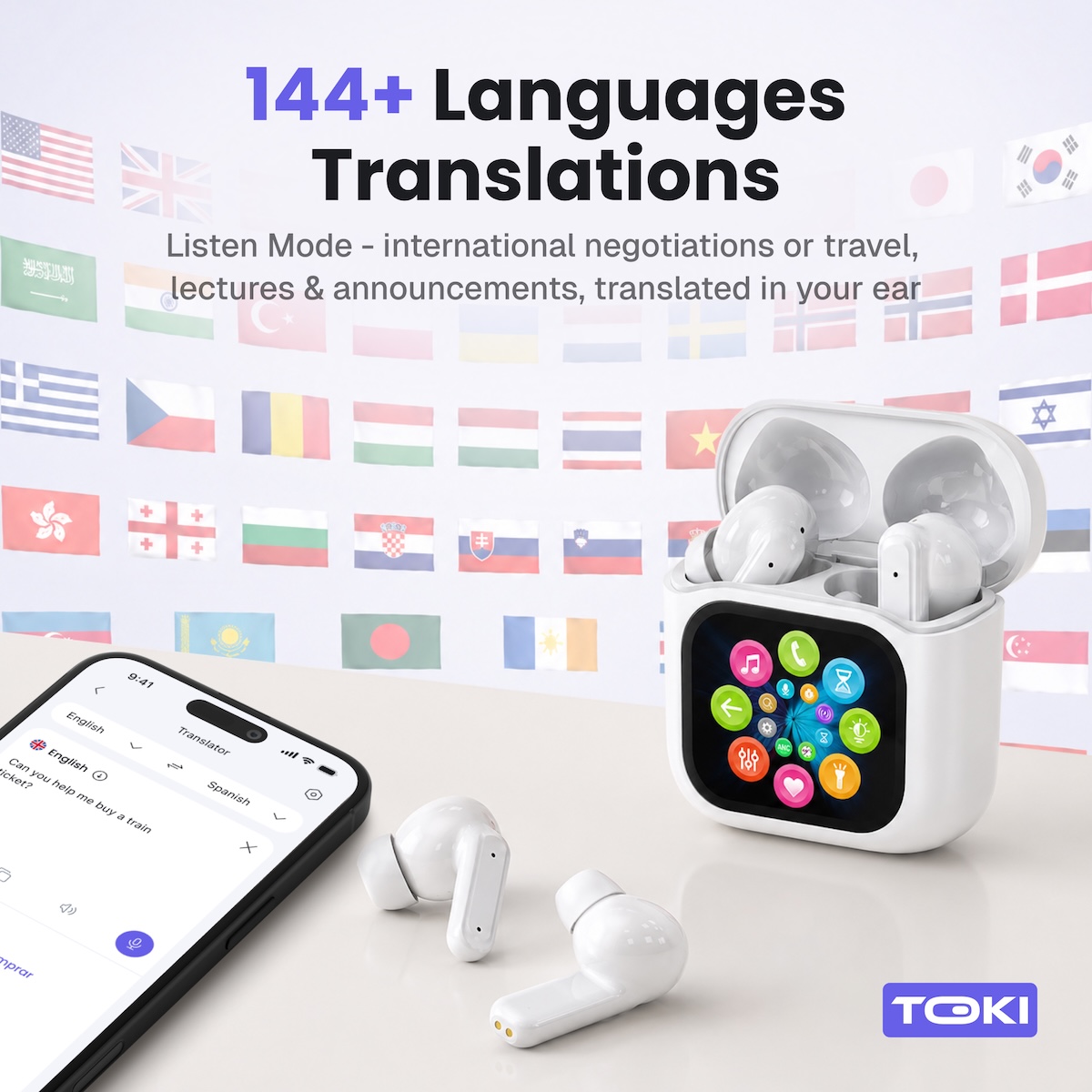 Toki Pro-5 AI Translation Earbuds With Smart LCD Charging Case photo 5