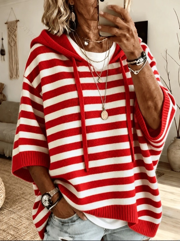Women's Striped Hooded Knit Pullover - Loose Plus Size 3-4 Sleeve Drawstring Casual Outer Top photo 1