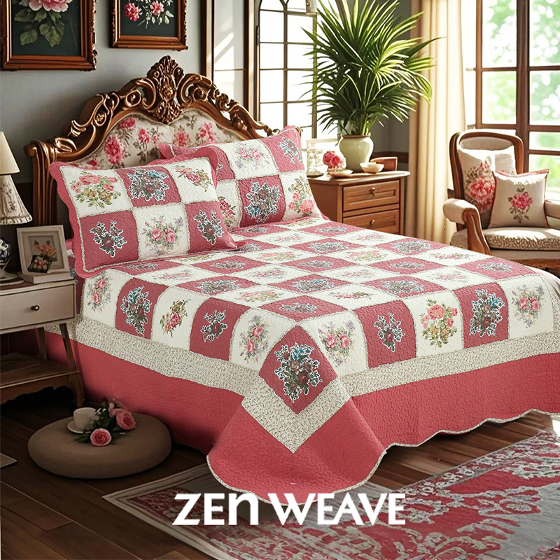 3-Piece Vintage Floral Patchwork Quilted Bedspread Set  Red Beige Rose Grid Scalloped Edge Cotton Filled Quilting Technology Reversible Coverlet Skin-Friendly No Shrinkage Non-Slip Anti-Wrinkle photo 1