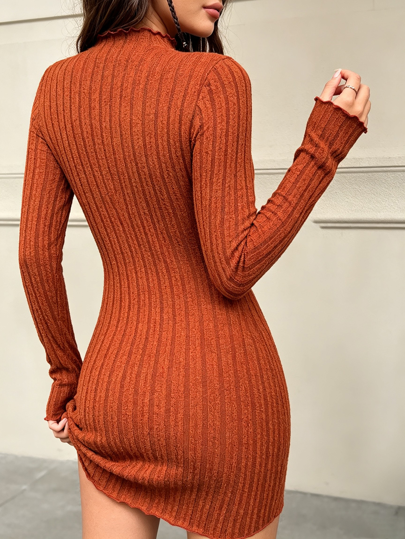 Women's Knit Long Sleeve Sweater Dress Lettuce Trim Mock Neck Tunic Dress photo 2