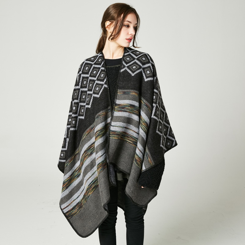 Women's Rhombus Color Striped Shawl, Women's Double-Sided Wearable Outdoor Travel Poncho photo 2