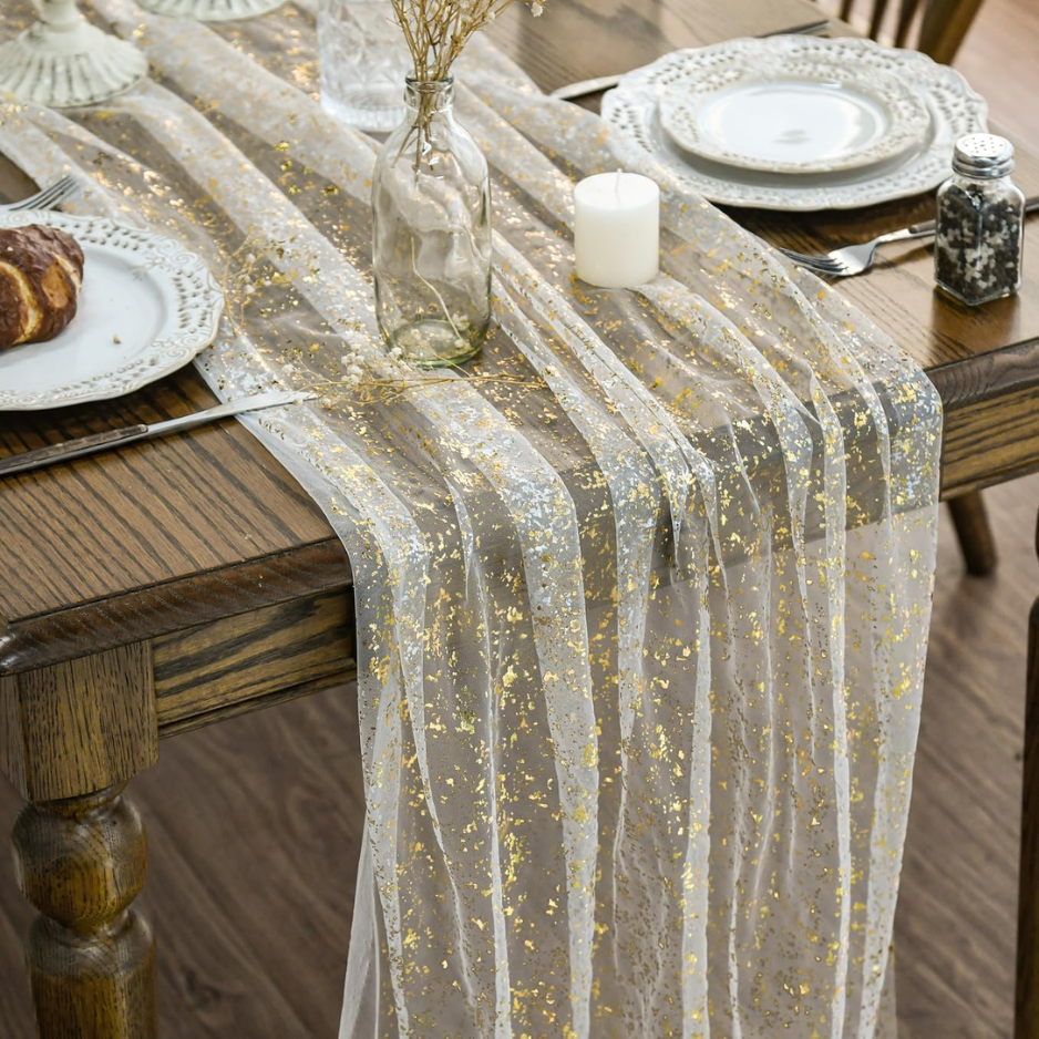 Gold Gauze Table Runner 120 Inch 10FT, Glitter Metallic Foil Sheer Dining Wedding Anniversary Holiday Birthday Table Decor For Home Party photo 1