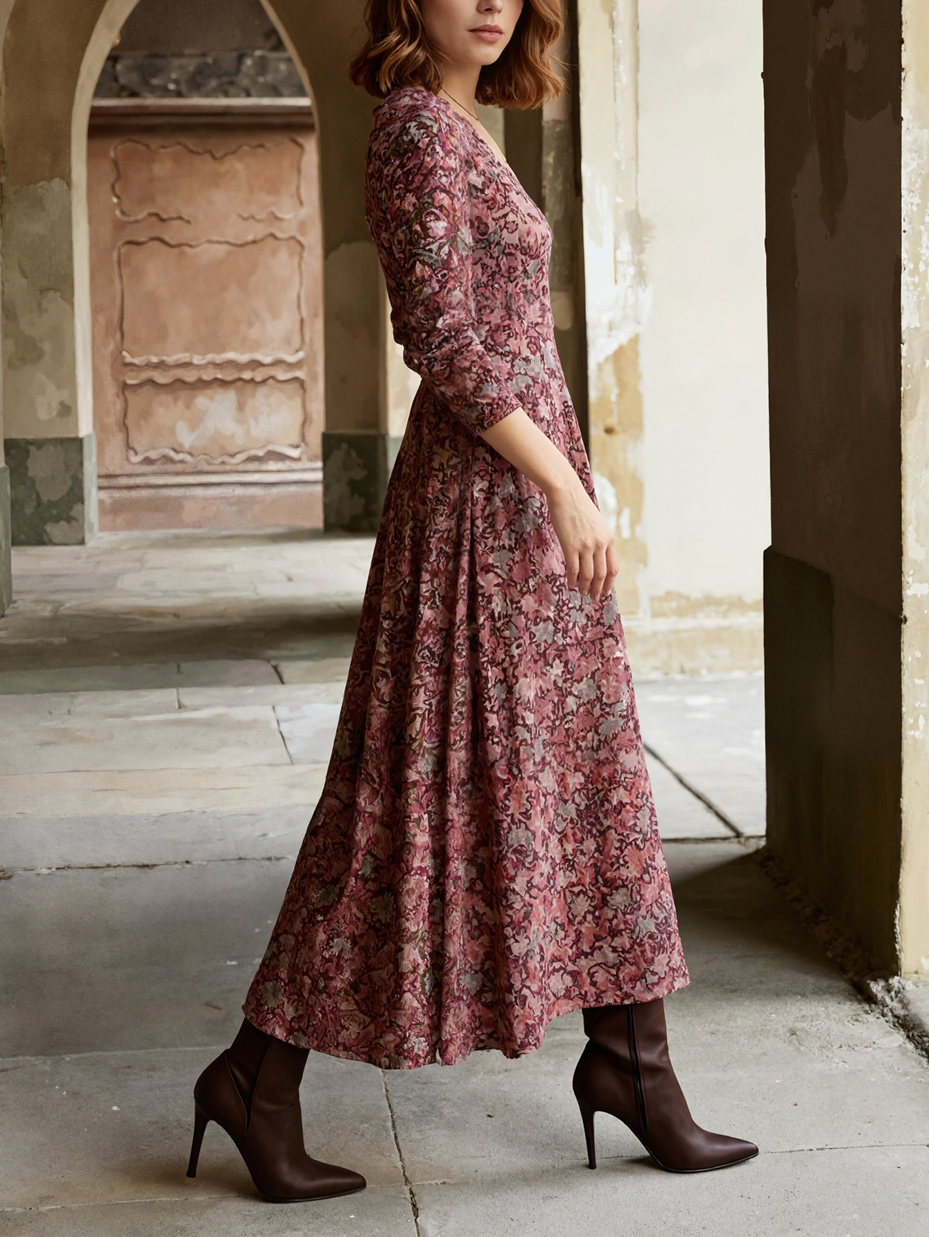 Women's Vintage Floral Print Maxi Dress V Neck Long Sleeve Casual Long Dress With Pockets For Holiday Daily photo 4