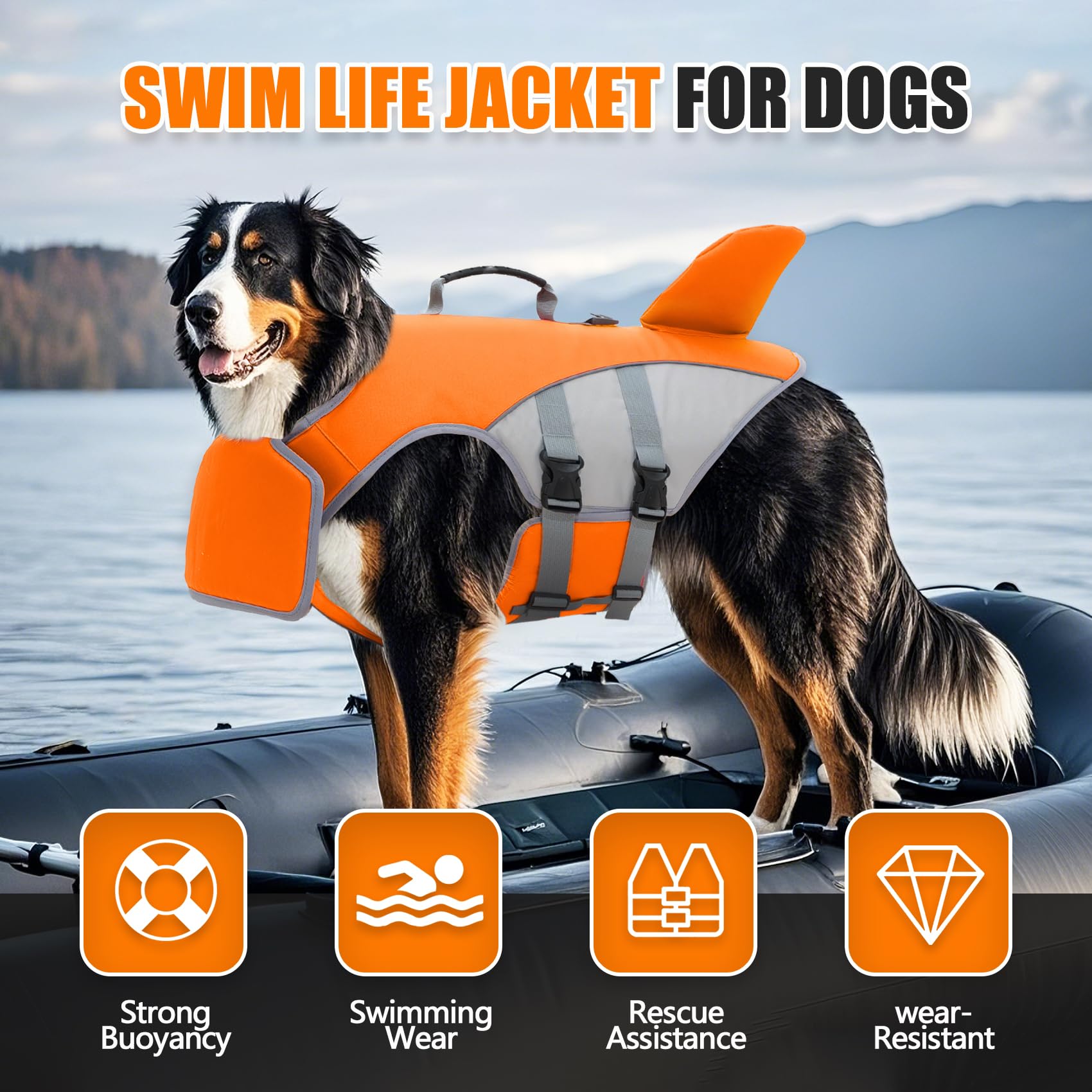 Dog Life Jacket For Small Medium Large Dogs, Shark Pet Life Vest With Rescue Handle & Adjustable Straps, Reflective Dog Flotation Vest For Swimming, Boating, Beach photo 4
