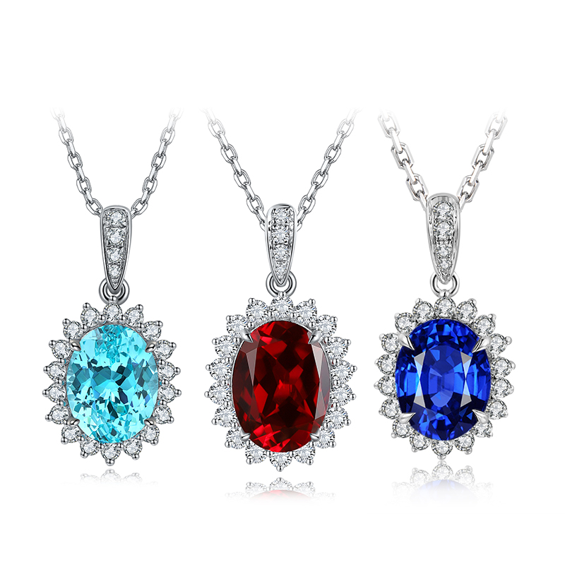 S925 Silver 2.4g Lab-Created Gemstone Necklace, 8x10mm Ruby&Sapphire&Paraiba Pendant, 40&5cm photo 1