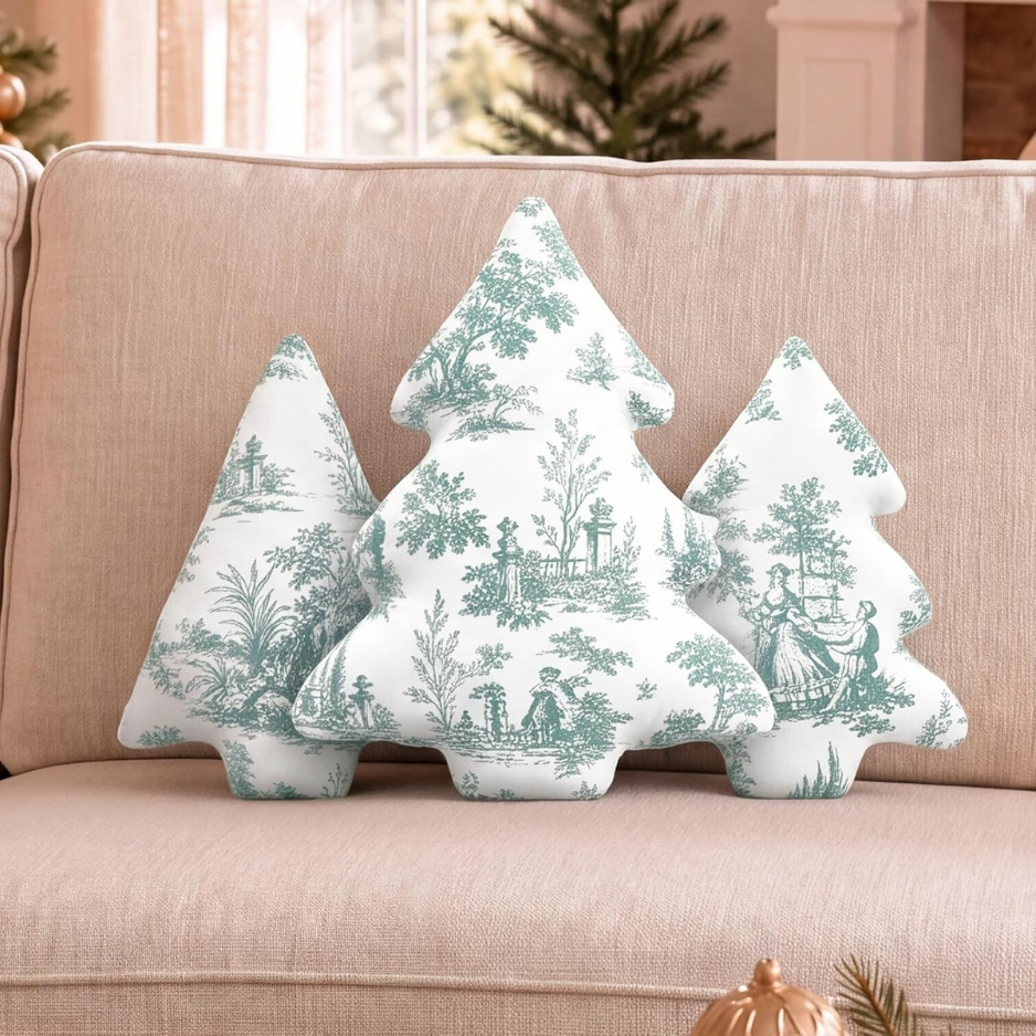 3 Pcs Sage Green Toile Christmas Tree Pillows Vintage Cushion Decor photo 1