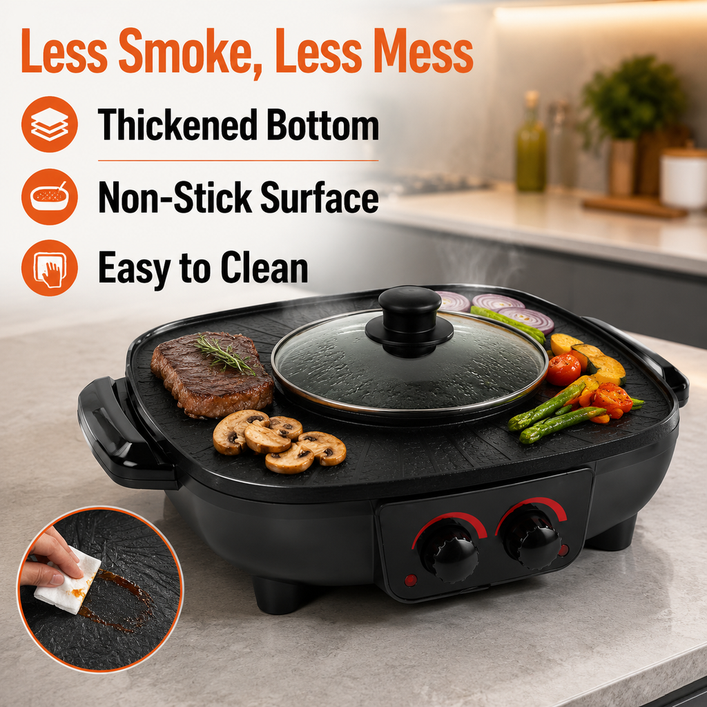 2 In 1 Electric Hot Pot BBQ Grill, Non-Stick Smokeless Frying Pan With Adjustable Temp For Home Kitchen Party UK NEW photo 1