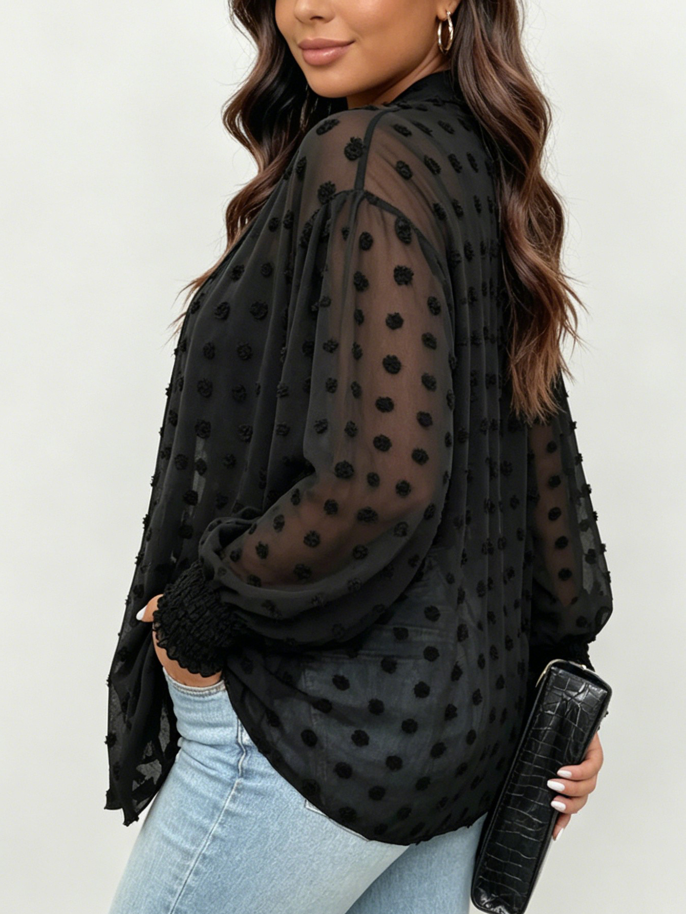 Women's Plus Size Black Swiss Dot Sheer Kimono Cardigan - Long Sleeve Open Front Chiffon Cover Up With Pockets photo 2