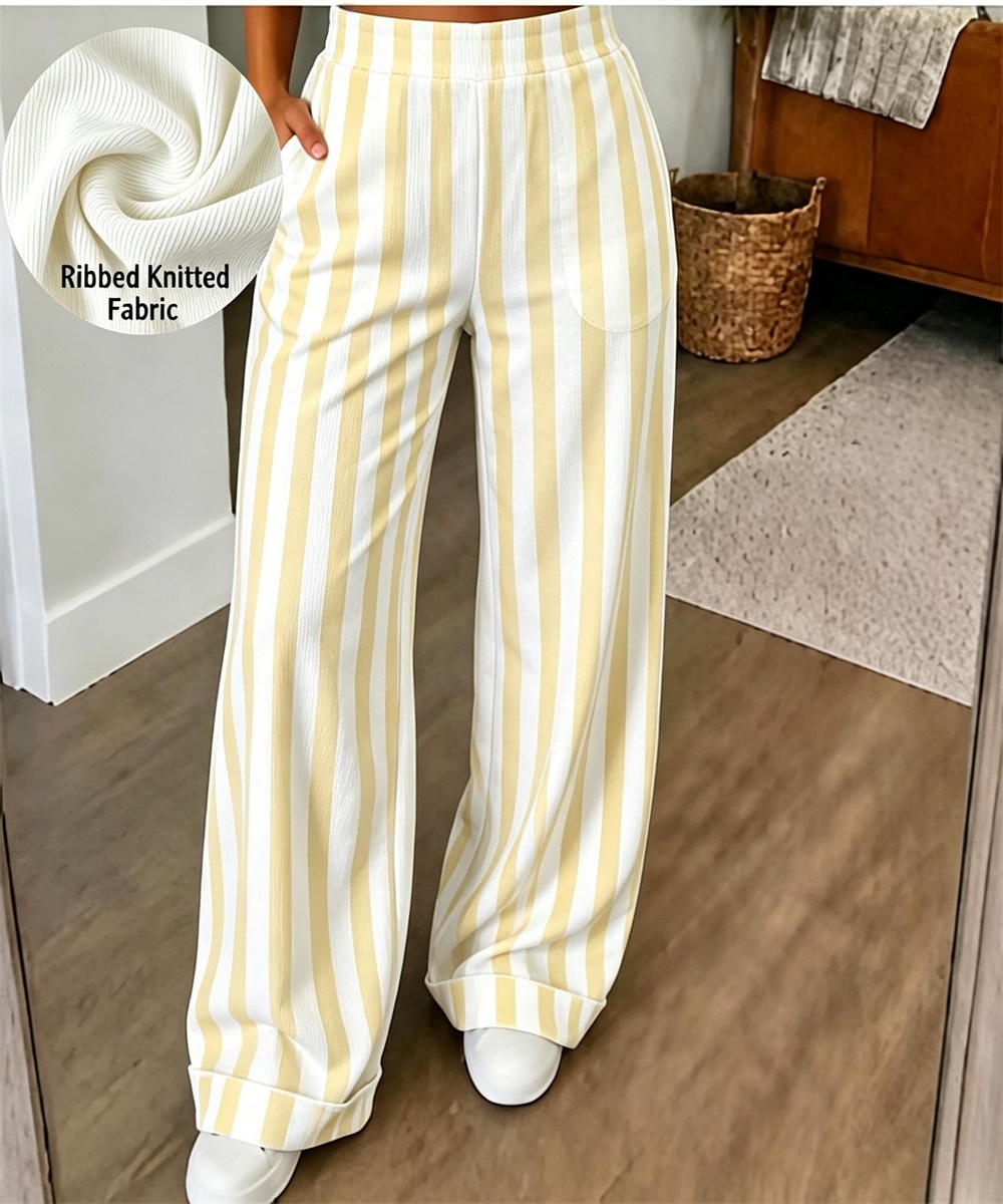 Women's Light Blue White Vertical Stripe Ribbed Knit Wide Leg Pants, Elastic High Waist Casual Trousers With Pockets photo 1