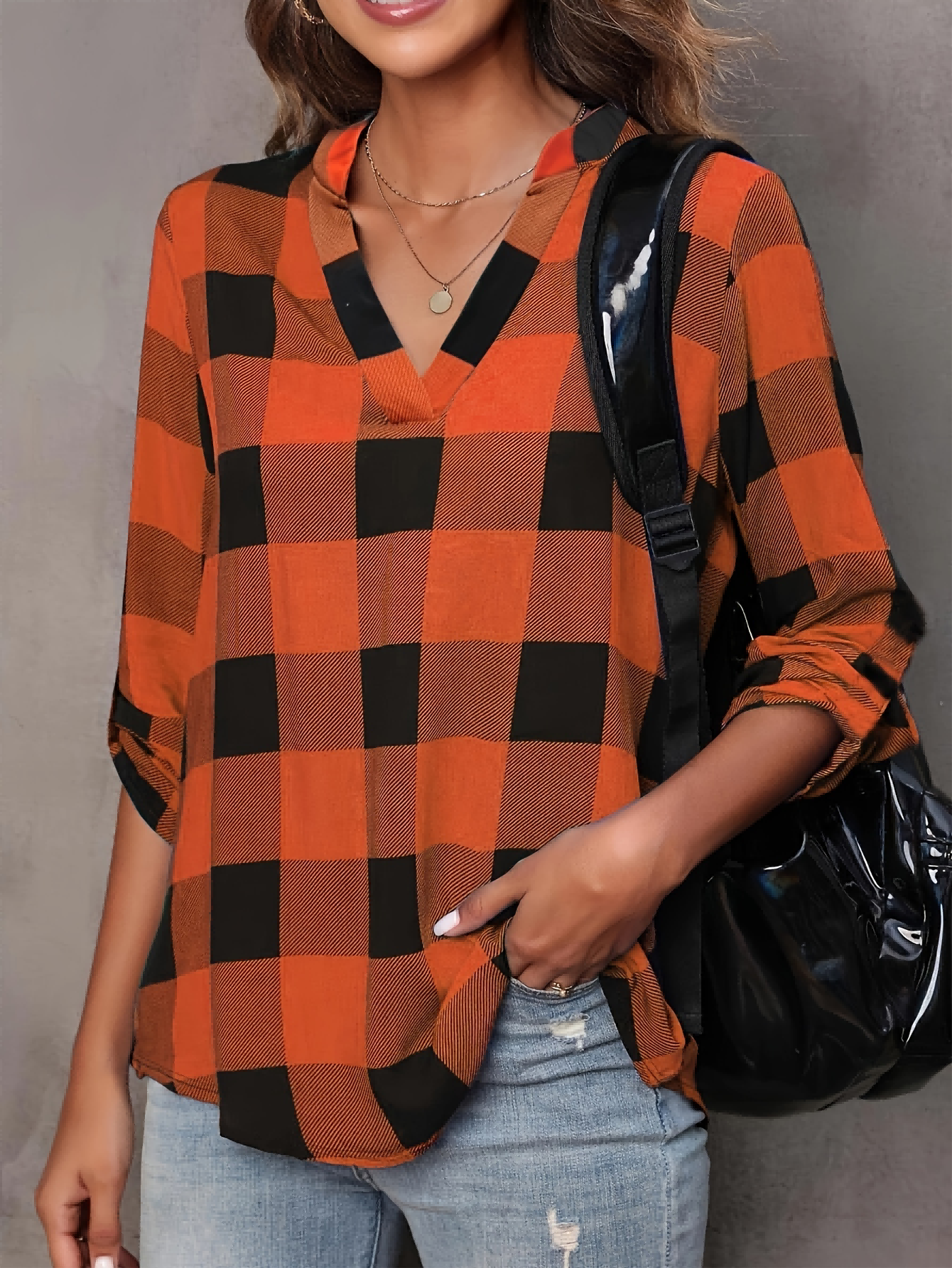 Women's Buffalo Plaid V Neck Blouse, Long Sleeve Notch Collar Tunic Shirt, Casual Fall Plaid Top For Women photo 5