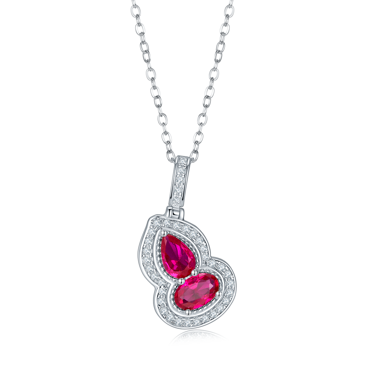S925 Silver 2.7g Lab-Created Ruby Necklace, 6.4mm Two-Stone Halo Pendant, 40&5cm photo 1