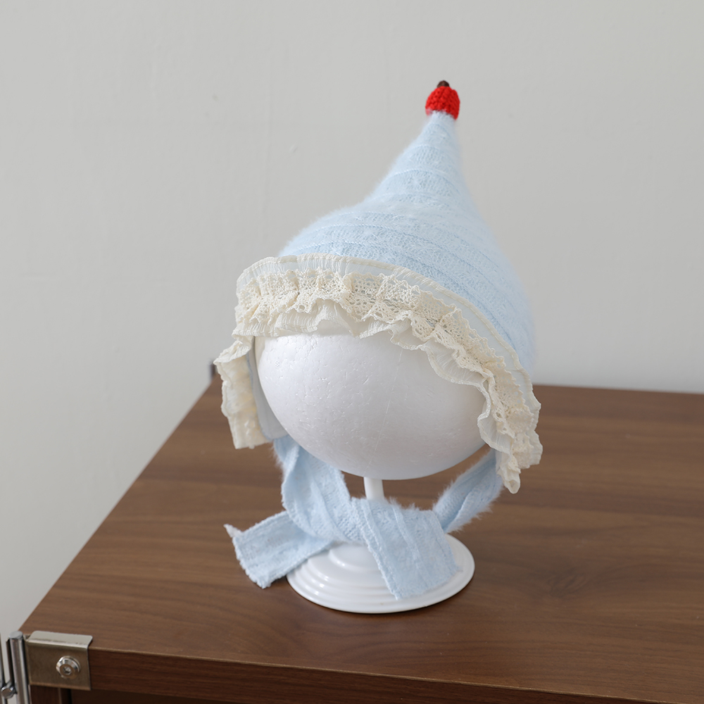 Sweet Style Baby Plush Pointed Hat With Baby Lace Trim And Drawstring Ear Protectors, Outdoor Warm Knitted Hat photo 2