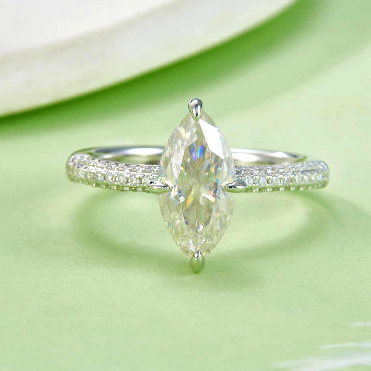 S925 Silver 3g Platinum Plated Marquise Moissanite Ring, 12x6mm 2.0ct D VVS1 Pave Band, GRA Certified US 5-9 photo 2