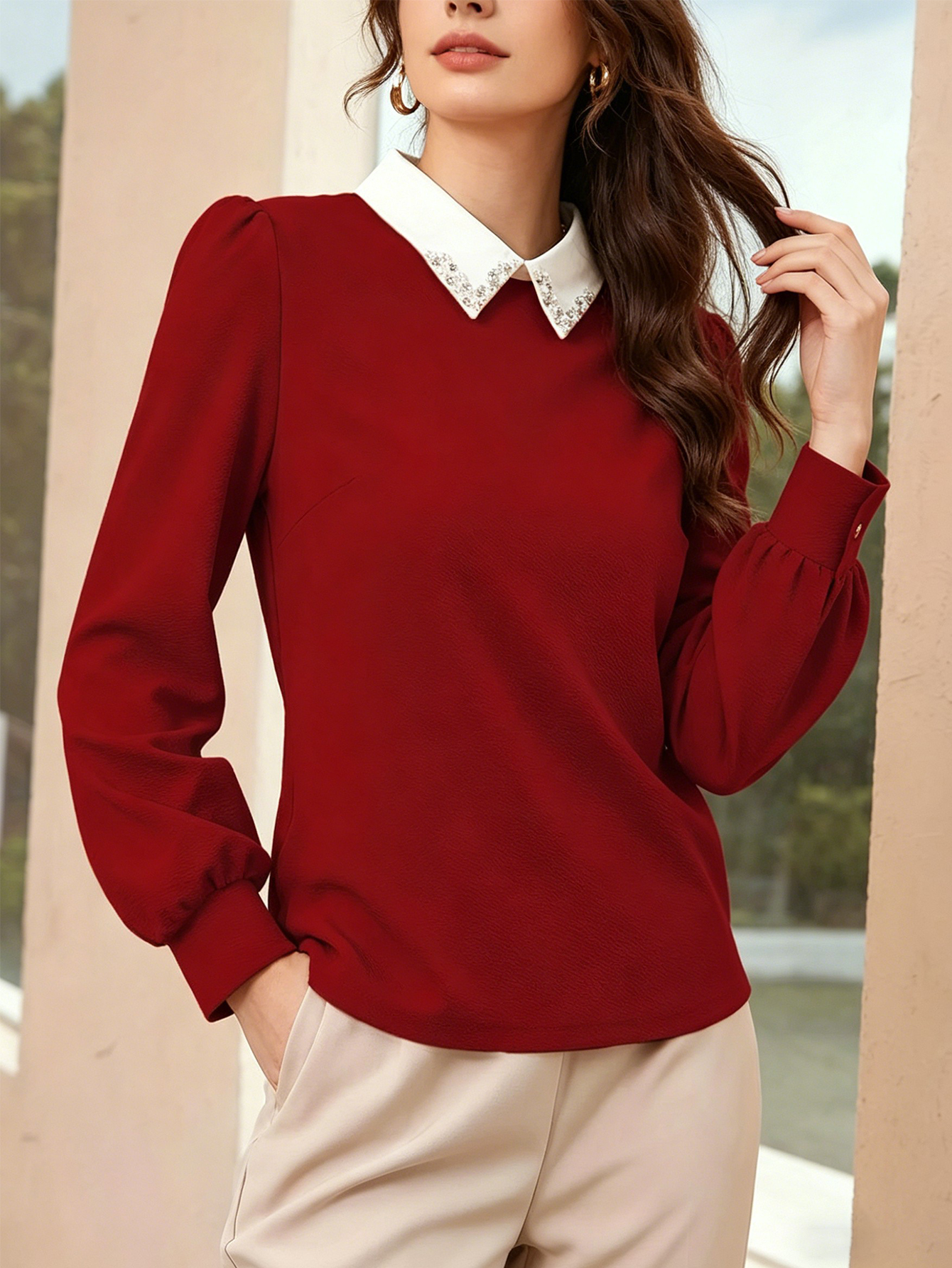 Womens Red Puff Sleeve Blouse White Contrast Collar With Rhinestone Elegant Work And Casual Wear Shirt photo 3