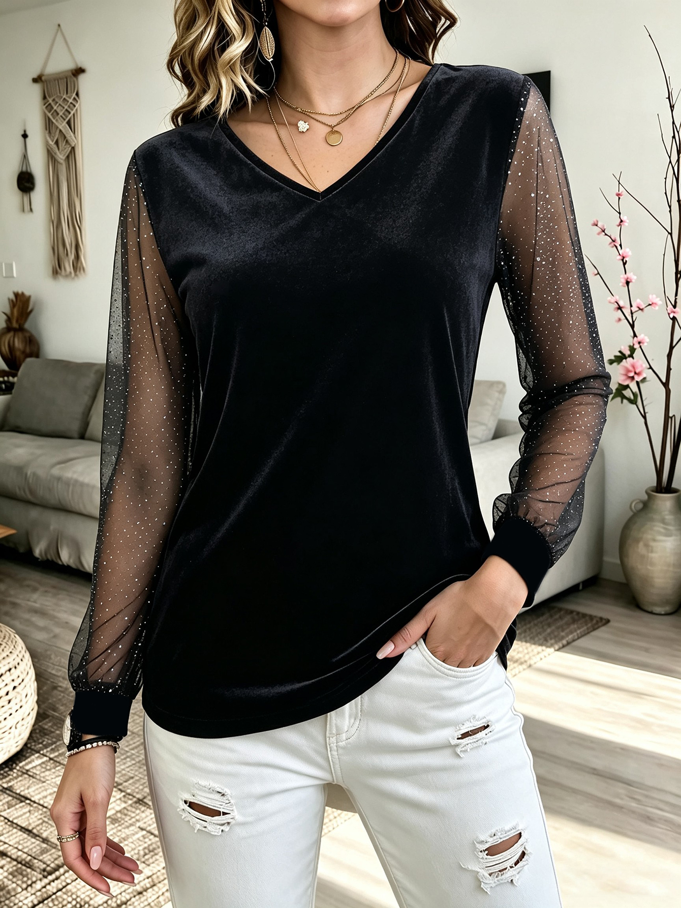 Women's Black Glitter Mesh Long Sleeve V Neck Tunic Top Sheer Sleeve Casual Blouse photo 5