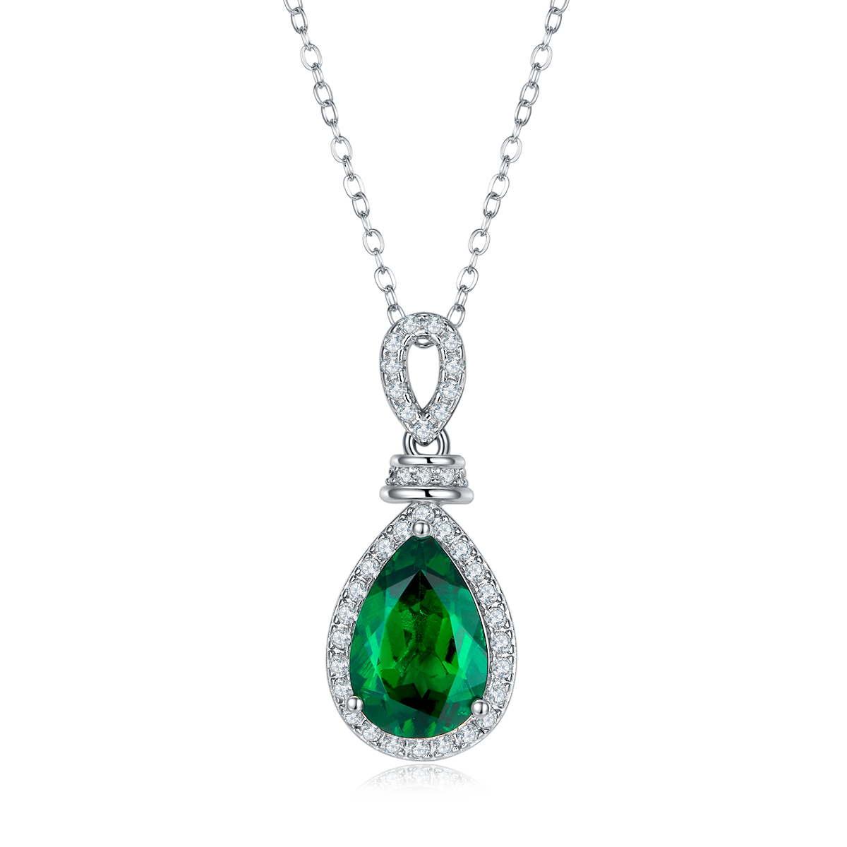 S925 Silver 3.3g Platinum Plated 4ct Lab-Created Emerald Necklace, 12x8mm Halo Pendant, 40&5cm photo 1