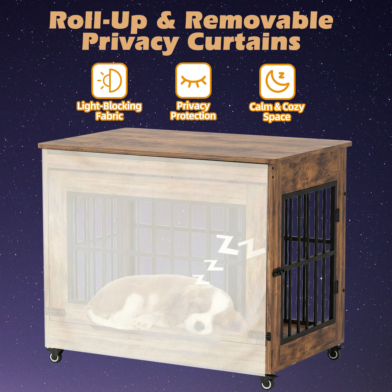 38in  Dog Crate Furniture, Double Door Wooden Indoor Dog Kennel Furniture, Decorative Pet Cage End Table With Wheels For Large And Medium Breed Dogs, Size L, Greige photo 4
