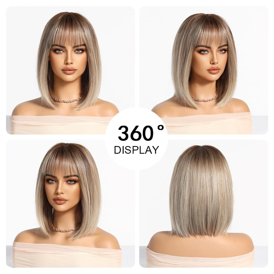 Blonde Wig With Bangs Short Bob Straight Wig For Women Synthetic Hair Wigs For Daily Party Cosplay Wear photo 4